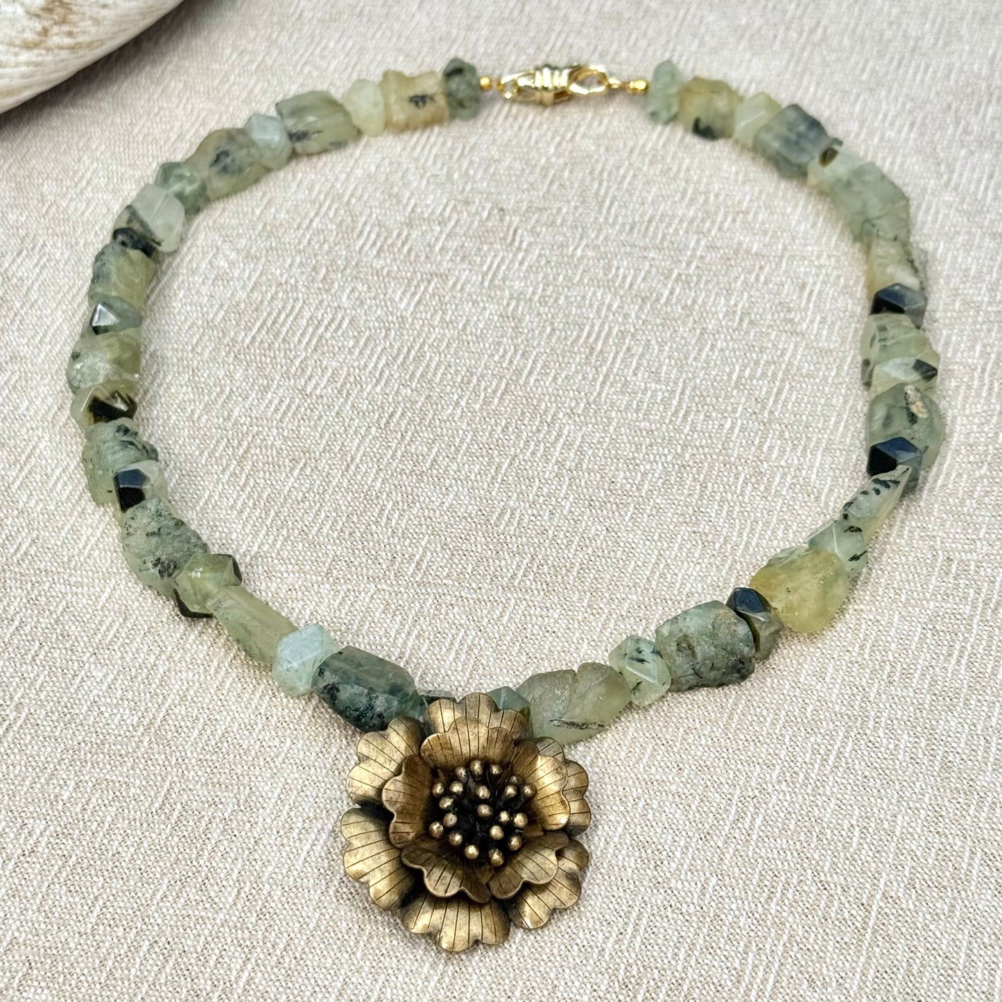 Prehnite | Brass Flower Pendant