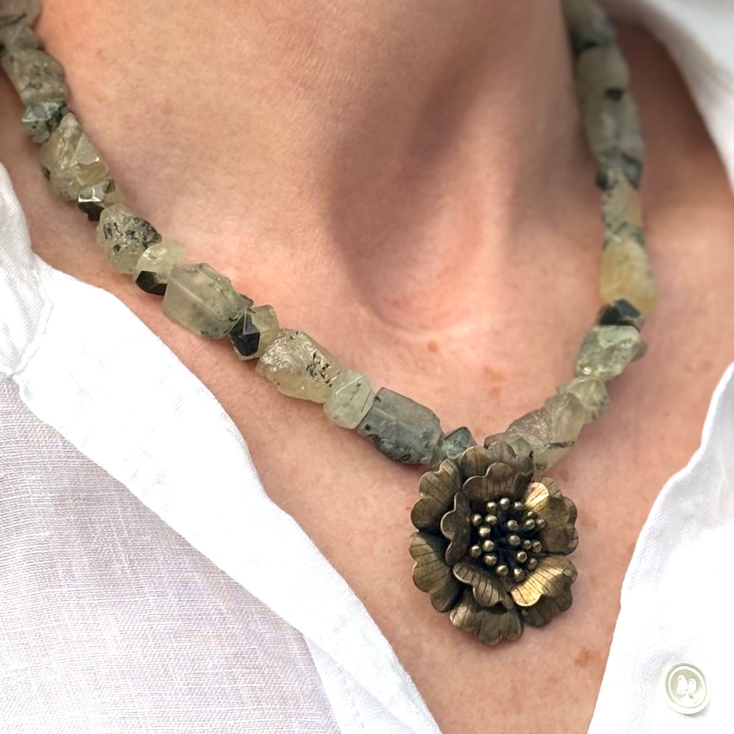 Prehnite | Brass Flower Pendant
