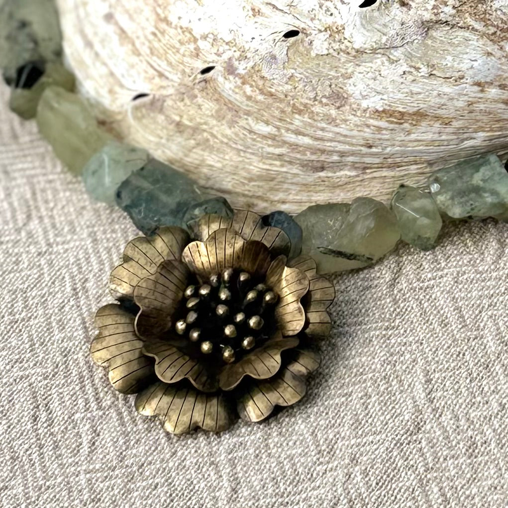 Prehnite | Brass Flower Pendant