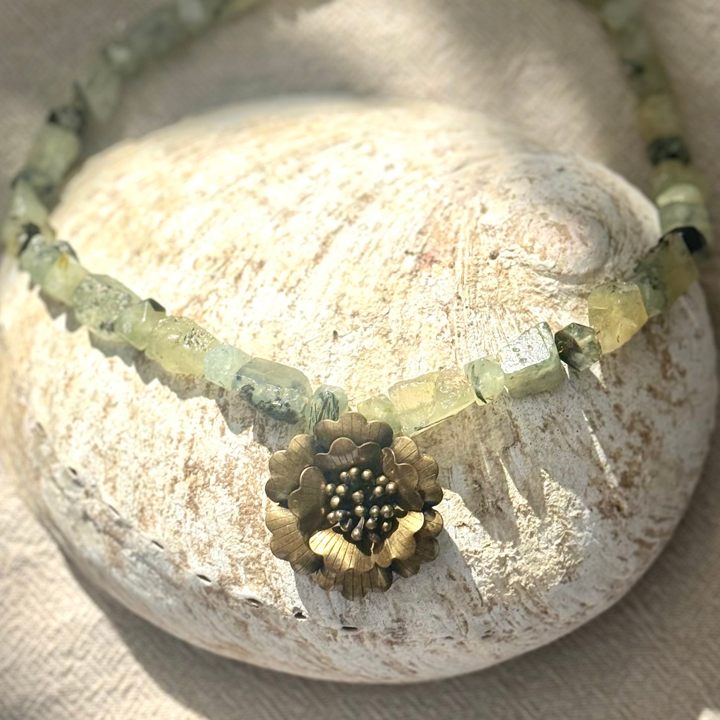Prehnite | Brass Flower Pendant
