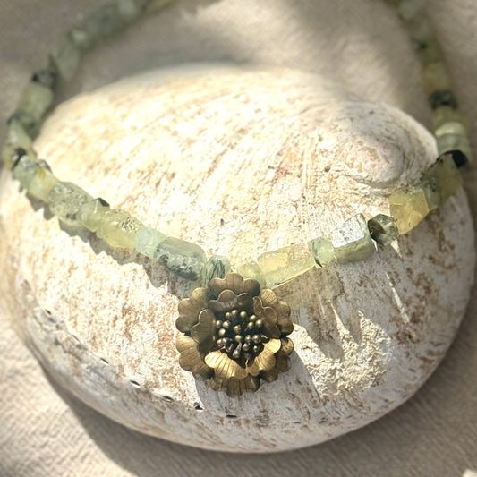 Prehnite | Brass Flower Pendant
